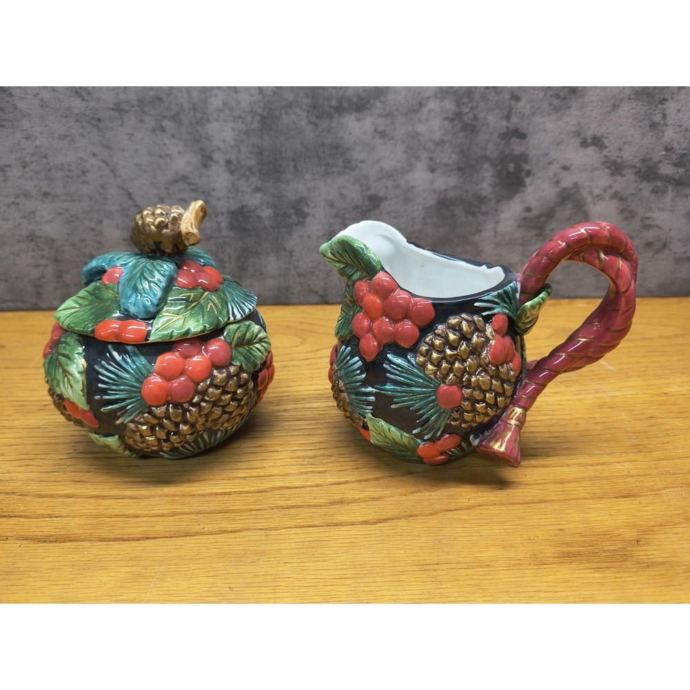 Fitz and Floyd Classics Handcrafted‎ Ceramic Creamer & Sugar Set Pinecone Leaf
